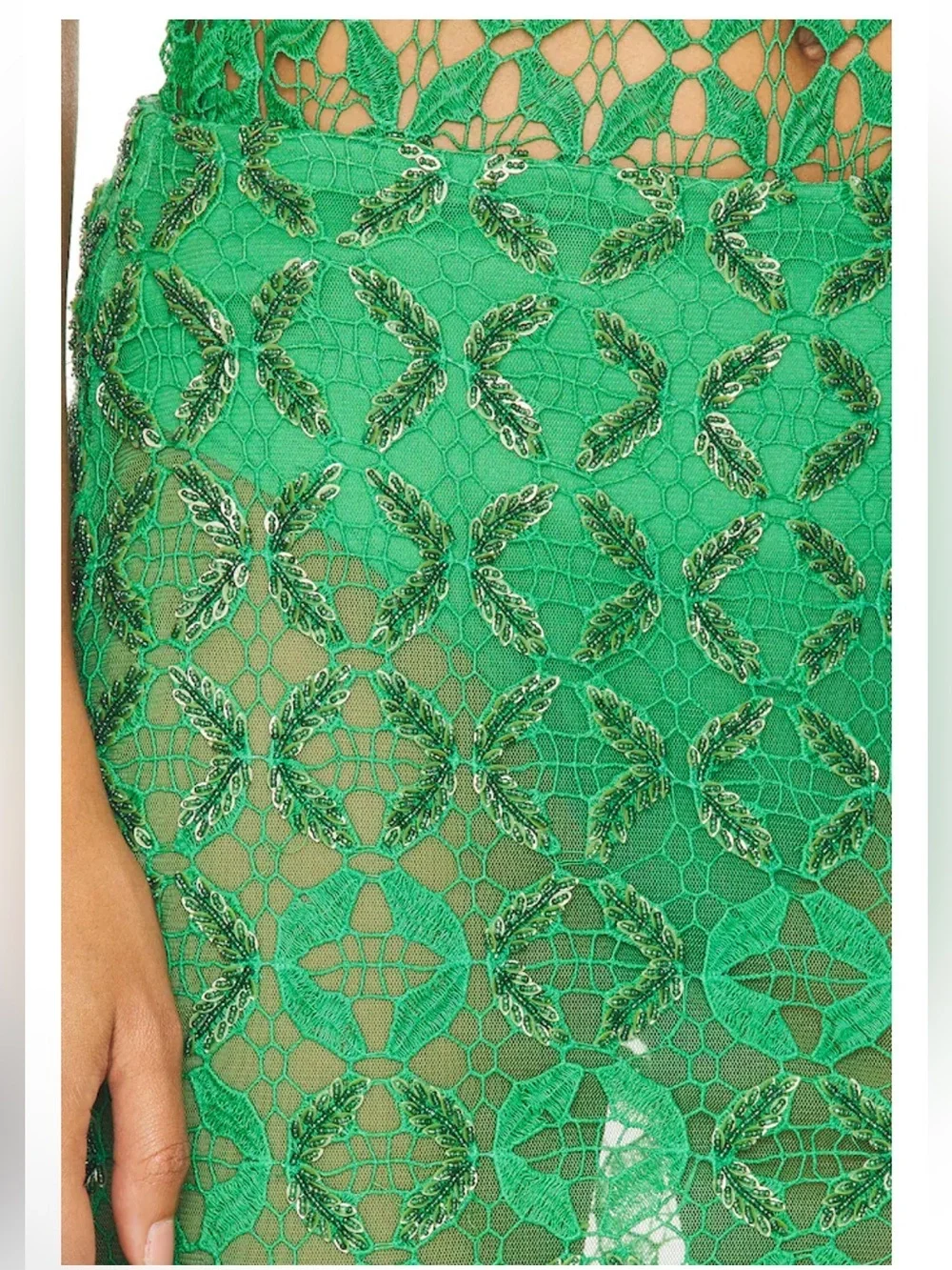 La Fuori Mossy Meadow Skirt Green Lace beaded Maxi Side Slit NWT Revolve S